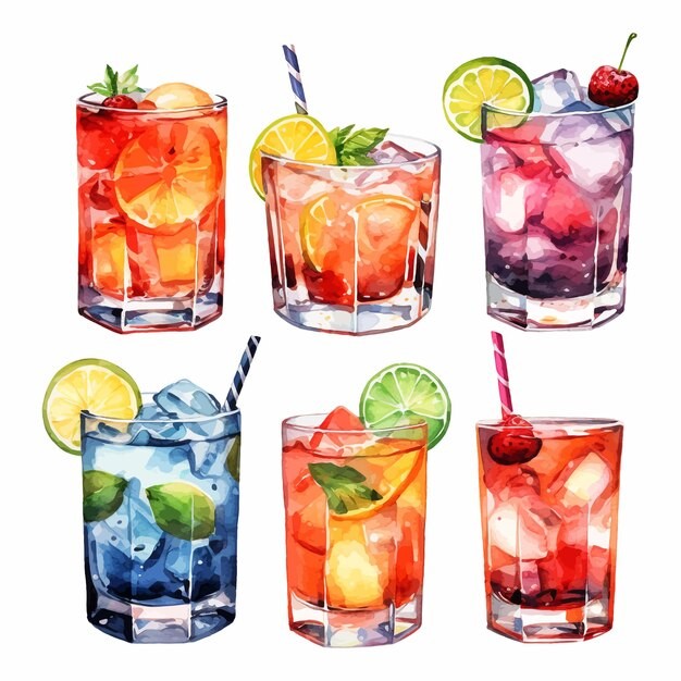 鸡尾酒饮料冰饮水彩插画