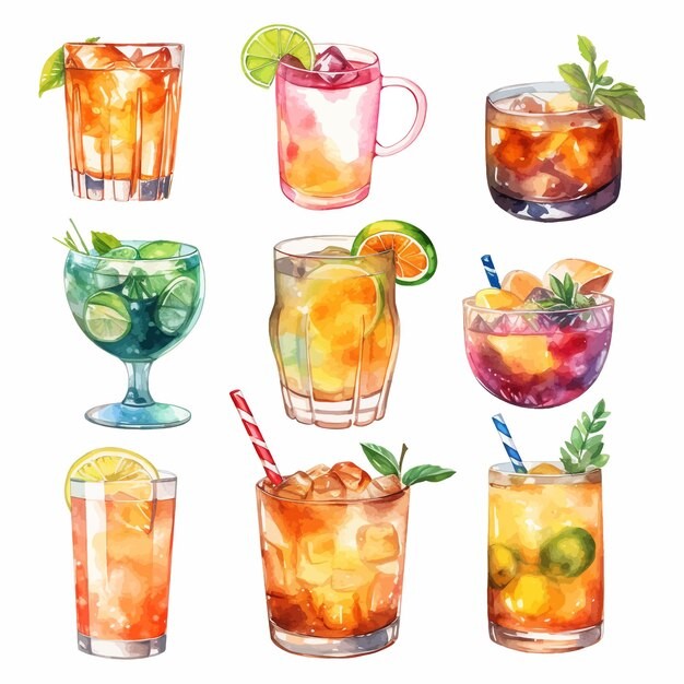 鸡尾酒饮料冰饮水彩插画