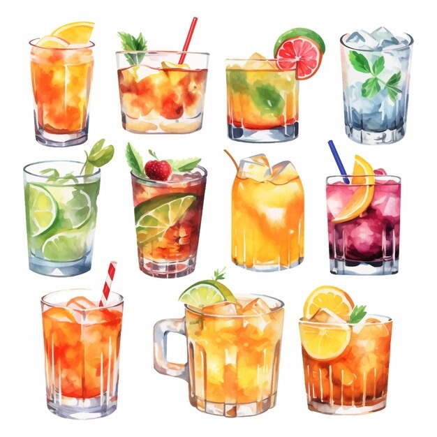 鸡尾酒饮料冰饮水彩插画