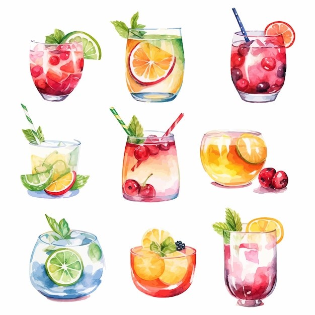 鸡尾酒饮料冰饮水彩插画