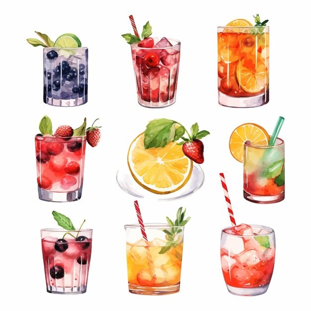 鸡尾酒饮料冰饮水彩插画