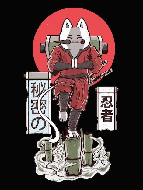 可爱忍者猫T恤印花插画