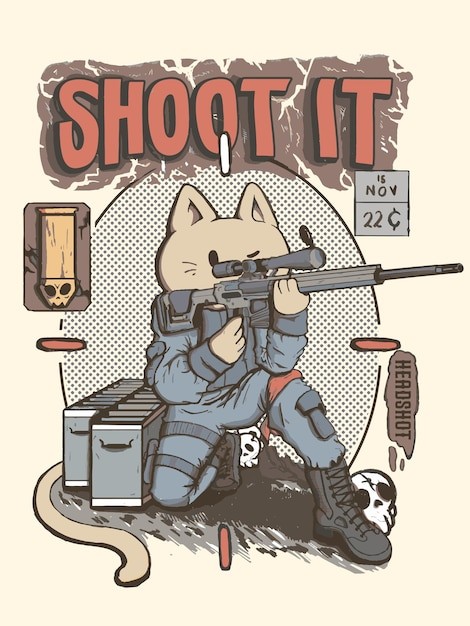 可爱狙击手猫T恤印花插画