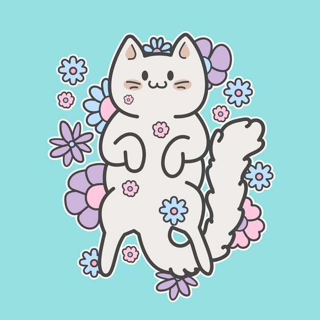可爱猫与花插画