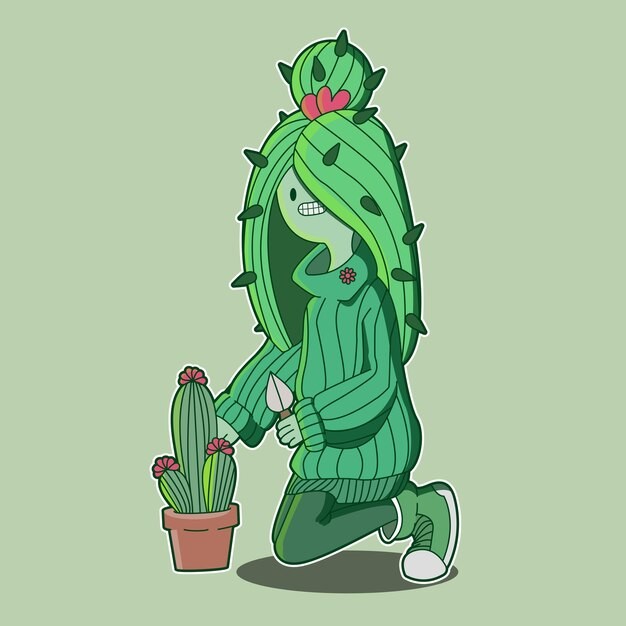 可爱仙人掌女孩插画