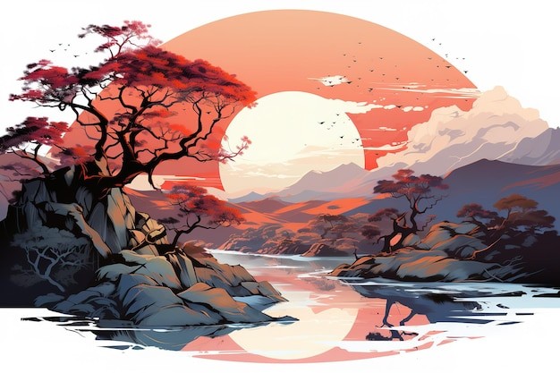 山水东方风景插画