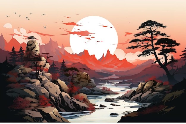 山水东方风景插画