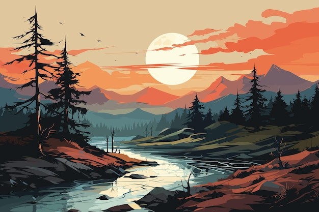 山水东方风景插画