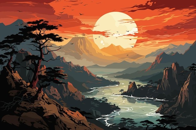 山水东方风景插画