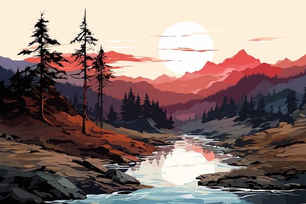 山水东方风景插画