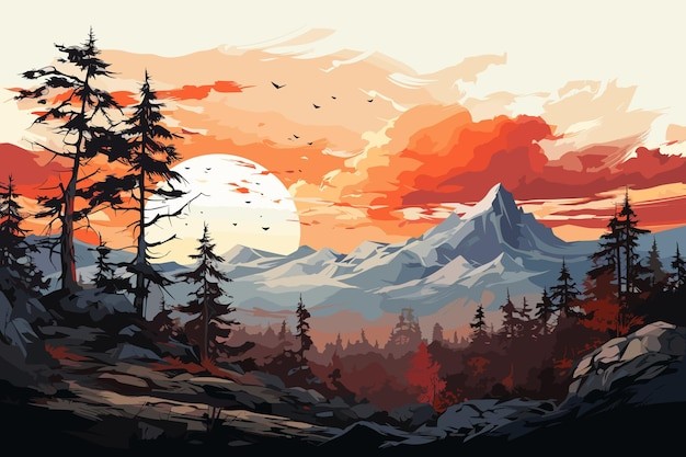 山水东方风景插画