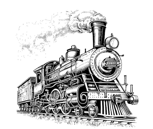 复古蒸汽机火车头插画