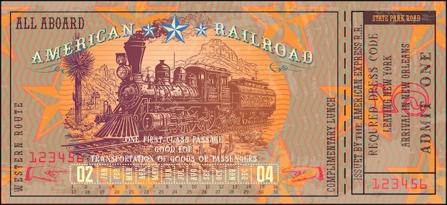 复古美国西部铁路蒸汽机火车头车票模板