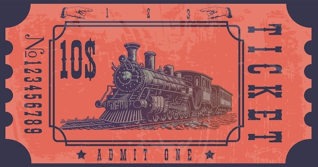 复古美国西部铁路蒸汽机火车头车票模板