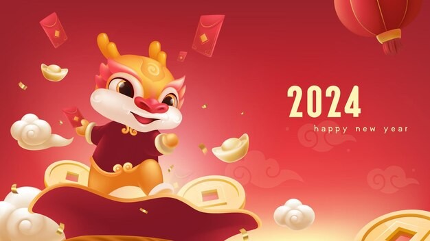 2024年龙年新年卡通龙插画背景