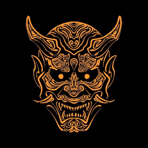 黄金日本面具线条艺术插画