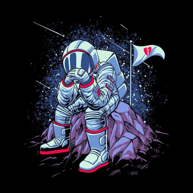 悲伤的宇航员坐在月球插画