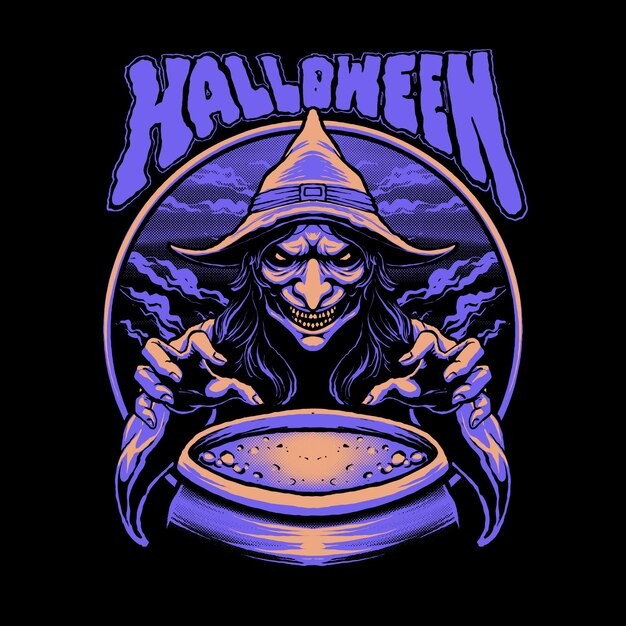 紫色女巫万圣节插画