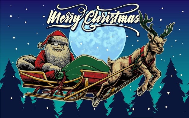 圣诞老人与驯鹿插画