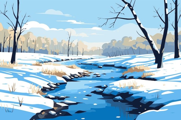 冬季小溪河流雪景风景插画