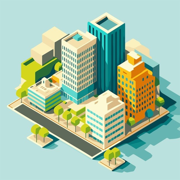 城市建筑楼房2.5d俯瞰景观插画