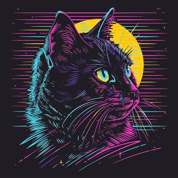 蒸汽波迷幻风格的猫插画