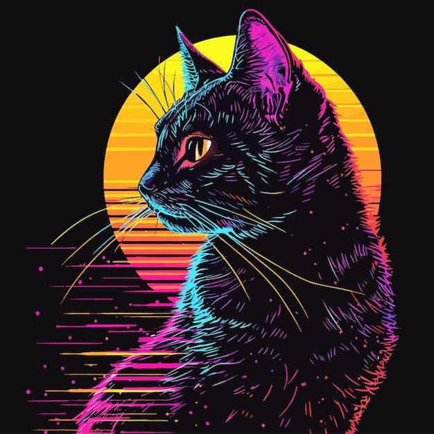 蒸汽波迷幻风格的猫插画
