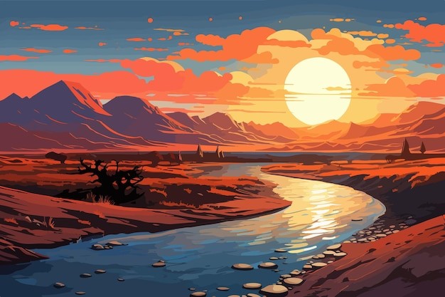 美丽的自然沙丘河流日落风景插画