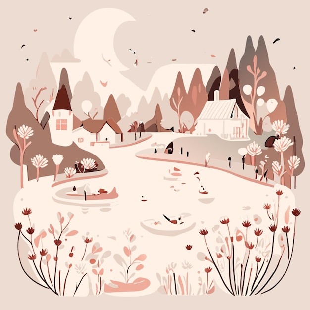 湖光小镇植物风景插画