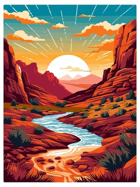 峡谷河流落日风景插画