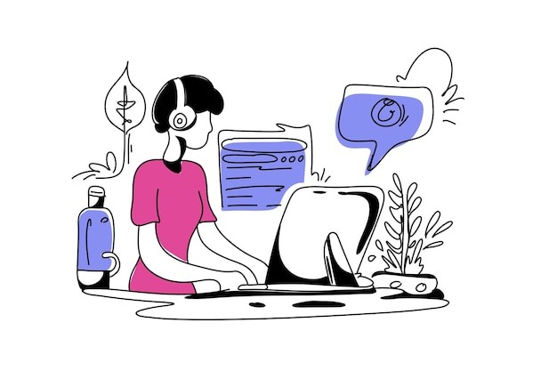 在电脑前工作的人扁平插画