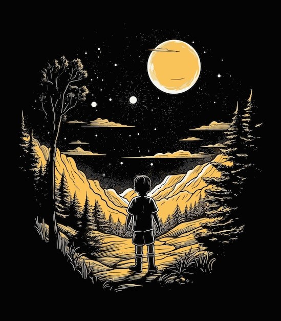 月光下的下男孩夜景风景插画