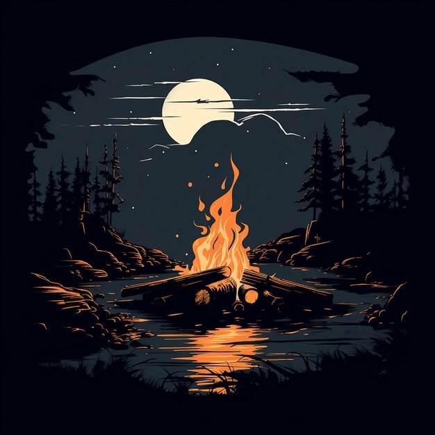 月色下的篝火露营户外风景插画