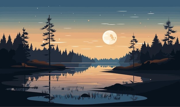 满月湖泊户外风景水边插画