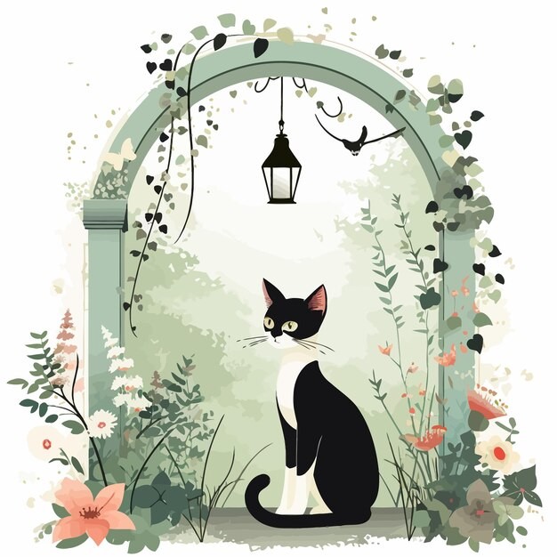 植物拱门花朵猫咪插画