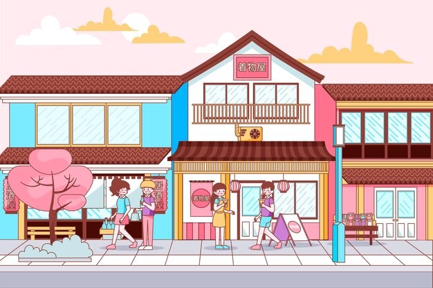 日本日式风格街道店铺街景插画