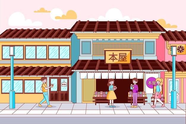 日本日式风格街道店铺街景插画