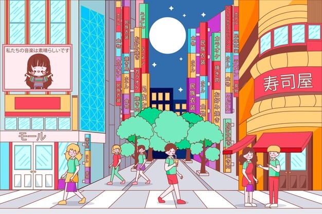 日本日式风格街道店铺街景插画