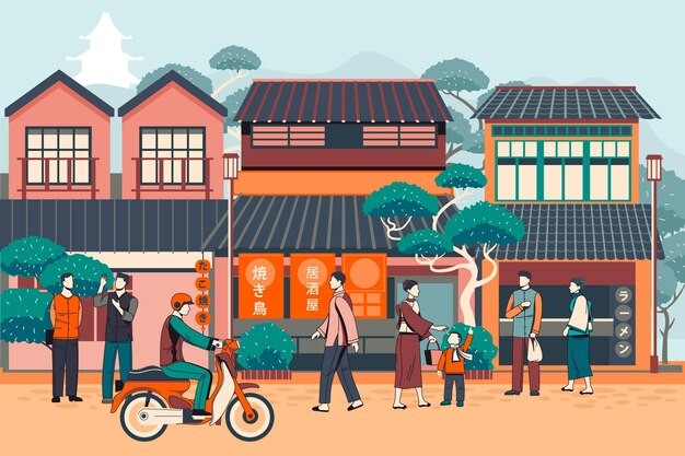 日本日式风格街道店铺街景插画