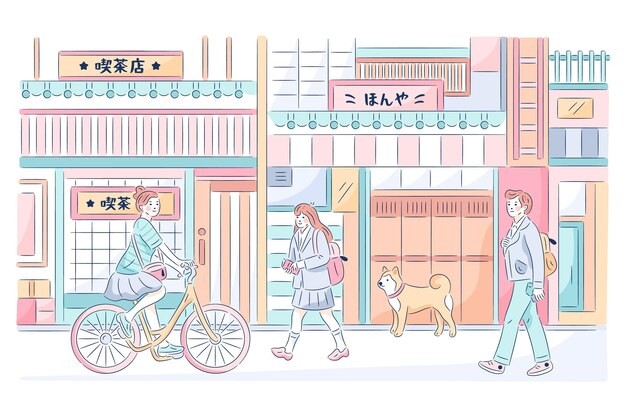 日本日式风格街道店铺街景插画