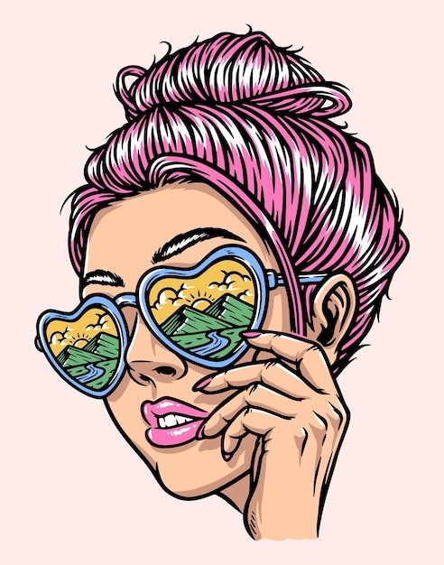 女人和海滩夏天度假插画