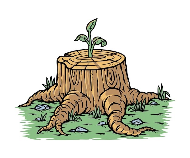 树桩新生的植物树芽插画