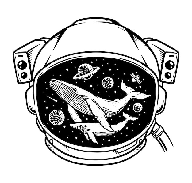 宇航员头盔幻想鲸鱼星球插画