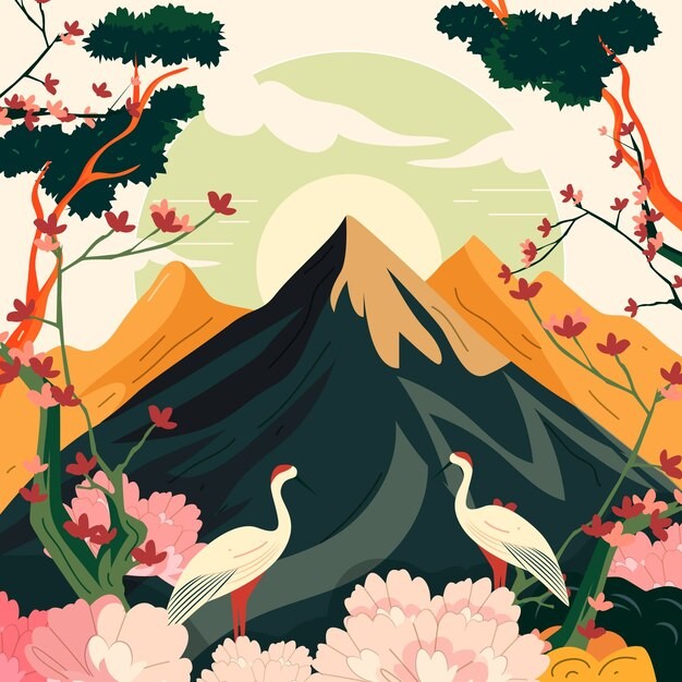 手绘自然风景山仙鹤插画