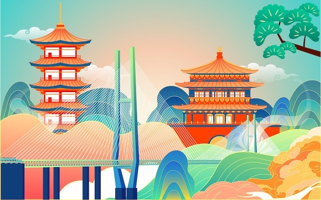 中国风西安中式建筑宝塔大桥国潮风景插画