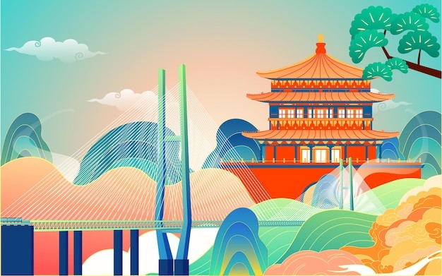 中国风西安中式建筑大桥国潮风景插画