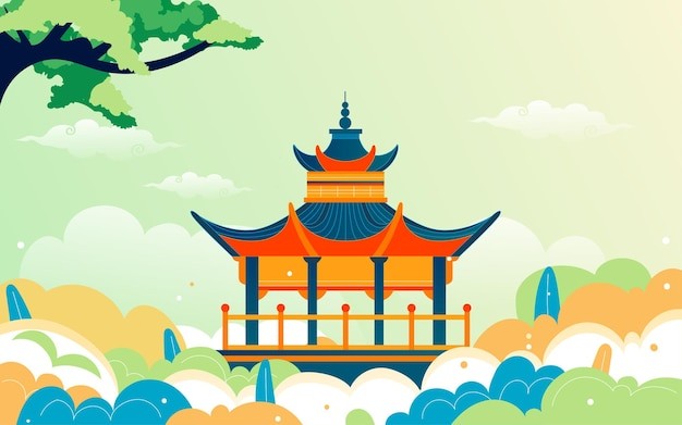 中国风中式亭子建筑国潮风景插画