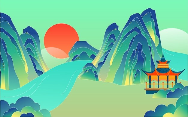 中国风山川河流国潮风景插画