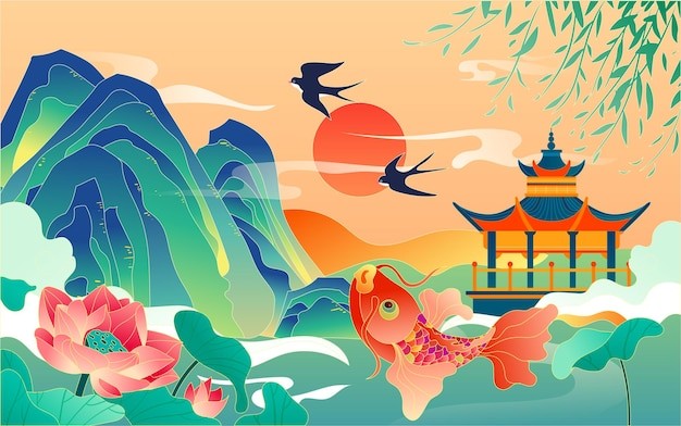 中国风山川亭子燕子荷花西湖国潮风景插画