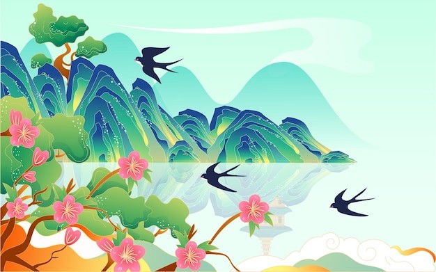 中国风山川燕子国潮风景插画